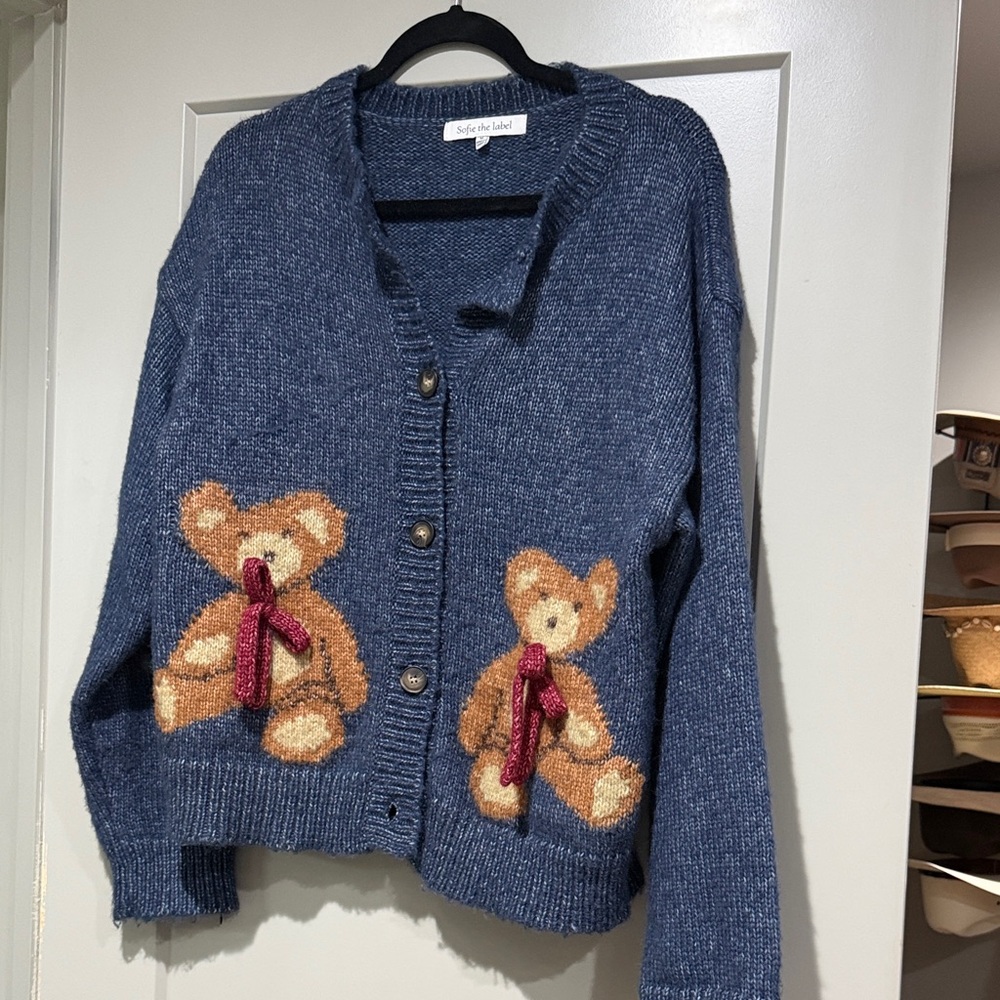 Blue Teddy Bear Cardigan Sweater